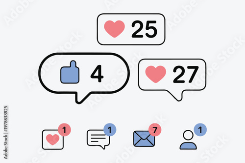Social media interaction icons like comment notification bubble and message count vector graphics.