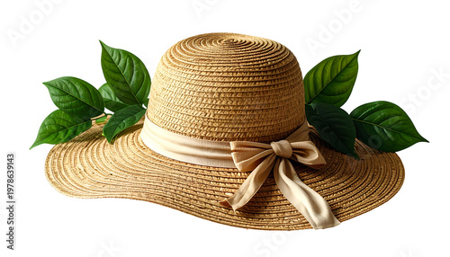 A straw sunhat with a ribbon bow, adorned with fresh green leaves on a transparent background