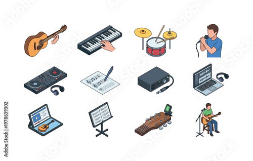 Practicing guitar chords, playing piano keys, drumming rhythm practice, singing into microphone, DJ mixing tracks, composing music