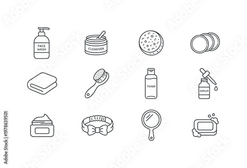 A personal care face washing composition featuring a face wash bottle, cleanser jar, facial sponge, cotton pads, face towel,