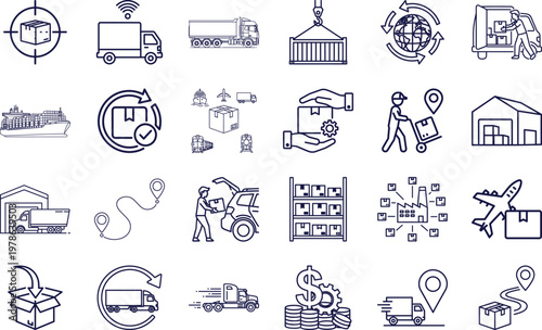 Comprehensive Logistics Vector line art editable icon set. Contain icons related to Shipping, delivery, distribution, cargo, supply chain, freight, export, import, and more Editable icon