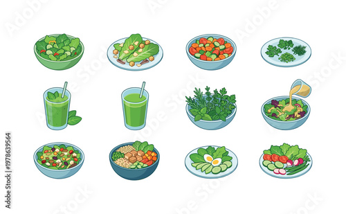 Green salad bowl, Caesar salad plate, vegetable salad mix, herb garnish plate, leafy smoothie glass, green juice glass, fresh herb