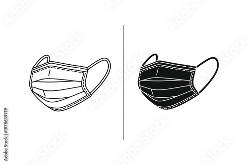 Surgical face mask in outline and solid black vector illustration, medical protection icon