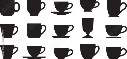 Coffee cup silhouettes collection, various mug and teacup shapes with saucers, hot beverage drinkware set  Silhouette  vector illustration with out background.