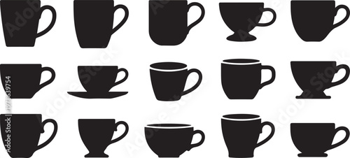 Coffee cup silhouettes collection, various mug and teacup shapes with saucers, hot beverage drinkware set  Silhouette  vector illustration with out background.
