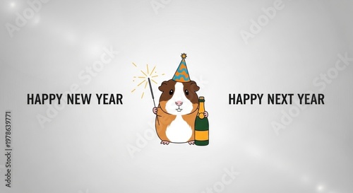 A cartoon illustration of a guinea pig wearing a party hat and holding a bottle of champagne, with the text 'Happy New Year' and 'Happy Next Year' on a light grey background.