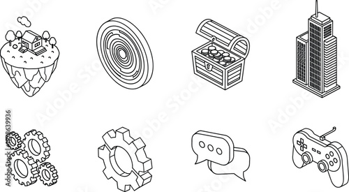 Isometric line art icons set featuring a floating island house, maze, treasure chest, skyscraper, gears, speech bubbles, and a game controller for diverse concepts.