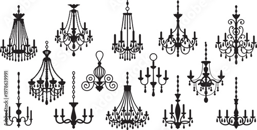 The set silhouettes of classic chandeliers.  Silhouette  vector illustration with out background.