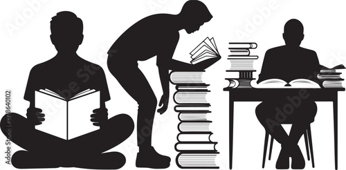 people studying and reading books  Silhouette  vector illustration with out background.