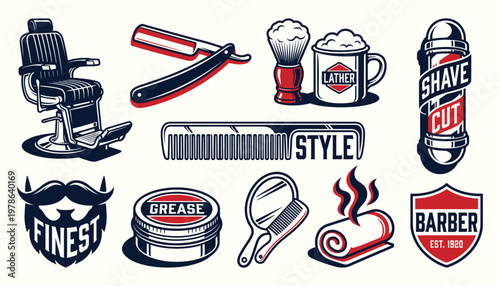 Vintage Barbershop Vector Elements Set for Men Haircare and Traditional Shaving Grooming Services