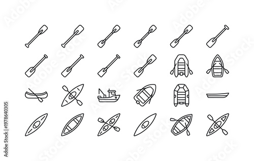Paddles and boats with rowing oars, kayak paddles, canoes, rowboats and small watercraft for recreation and travel clean monoline