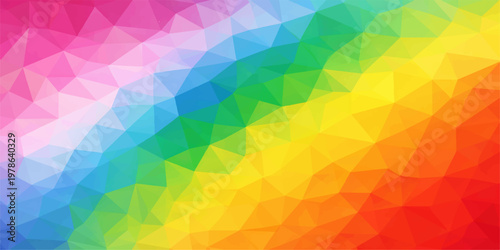 An abstract digital rendering of vibrant polygon colors creating the shape of a rainbow, a modern geometric background.