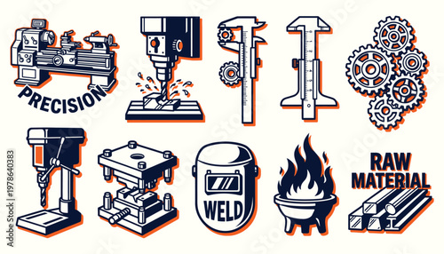 Industrial metalwork and machining equipment icon set in vintage style