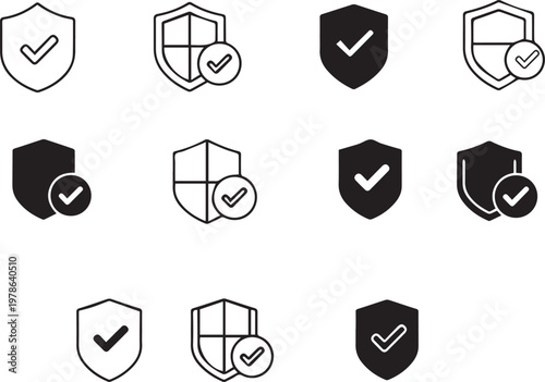 Collection of shield icons with check marks in black and white security