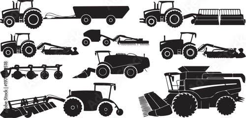 Set of agricultural machinery silhouettes including farm tractors with trailers plows and combine harvesters Silhouette  vector illustration with out background.