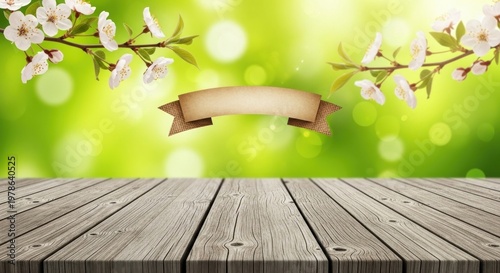 A wooden table with a green and white background, featuring a blooming tree branch with white flowers.