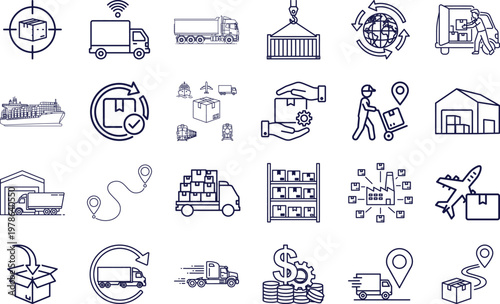 Comprehensive Logistics and Supply Chain Management Vector Line Art Icon Set for Professional Shipping Delivery and Global Freight Distribution Services on transparent background.
