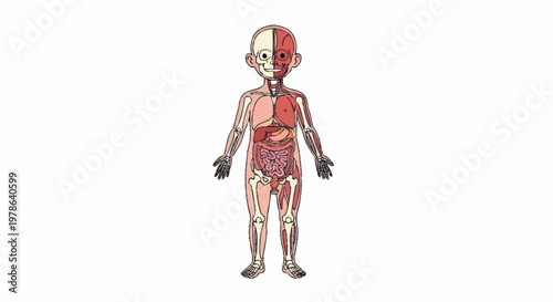 Anatomical illustration of a childs internal organs and skeletal system.