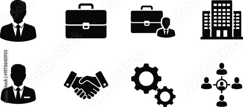 Black silhouette business icons set depicting professionals briefcases handshakes gears and organizational structures