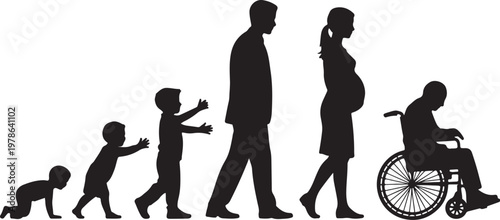 Set of black silhouettes showing human life cycle stages from a crawling baby and playing child to a businessman pregnant woman and elderly in wheelchair.