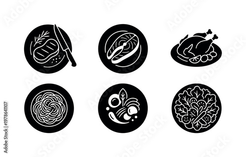 Steak dinner plate with knife and garnish, grilled salmon fillet on plate, roast chicken portion with sides, pasta plate with