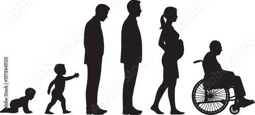 Set of black silhouettes showing human life cycle stages from a crawling baby and playing child to a businessman pregnant woman and elderly in wheelchair. 