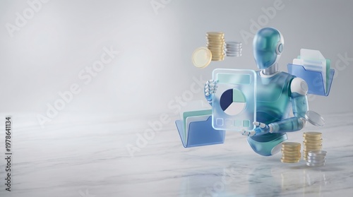 Humanoid robot in a business suit using a glowing calculator with gold coins representing AI budget planning and financial accounting, translucent liquid glass aesthetic with copy space.