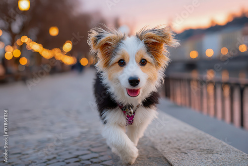 Happy mixed breed puppy walking on urban riverfront at sunset with bokeh city lights, fluffy tri-color dog enjoying a stroll in the evening, cute pet in city park background.