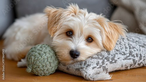 Cute Maltipoo puppy with big brown eyes lying on a cozy sofa, resting head on a grey patterned pillow next to a green knit toy, fluffy dog looking at camera.