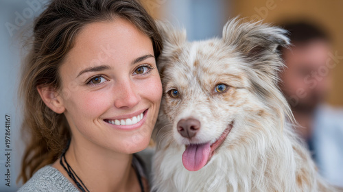 Close-up of happy woman holding a merle Australian Shepherd dog, smiling.