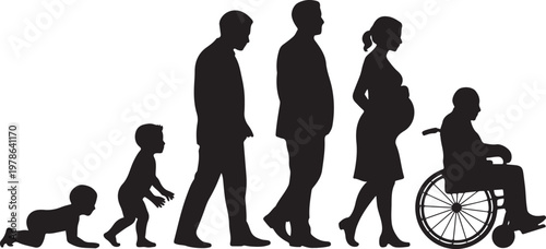 Set of black silhouettes showing human life cycle stages from a crawling baby and playing child to a businessman pregnant woman and elderly in wheelchair. 