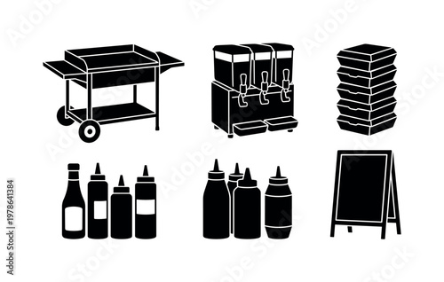 Street food vendor items including food cart grill, drink dispenser stand, takeaway food boxes stack, condiment bottles set, menu