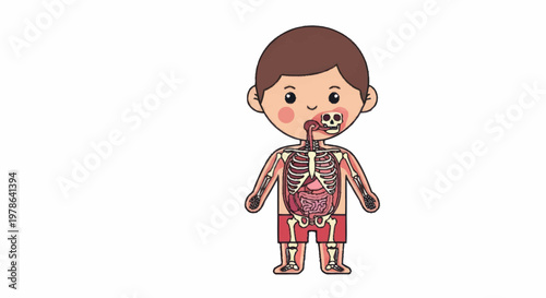 Cartoon child anatomy showing internal organs and skeleton.