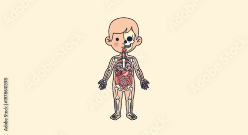 Childs Anatomy Illustration Showing Skeleton Organs and Skin.