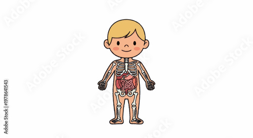 Illustration of a childs internal anatomy and skeletal system.