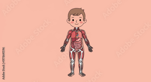 Anatomical illustration of a childs muscular and skeletal system.