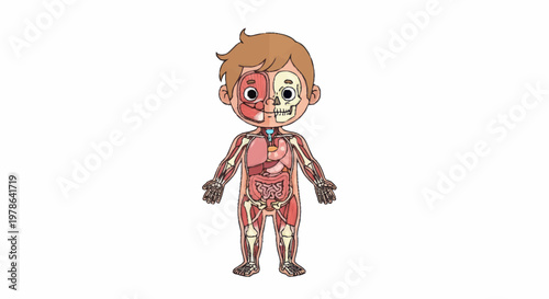 Illustration of a childs internal anatomy showing muscles and skeleton.