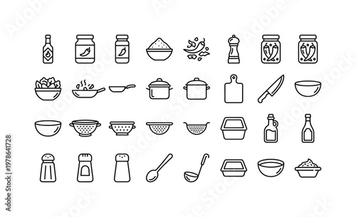 Pepper products and kitchen uses with sauces spices pickles cooking items and food preparation elements clean monoline outline
