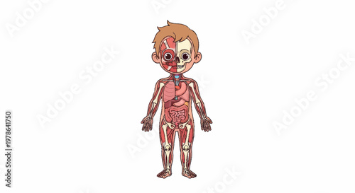 Cartoon child anatomy illustration showing internal organs and muscles.