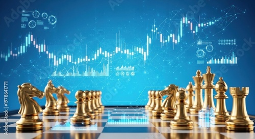 A chess board with gold pieces and a blue background with financial charts.