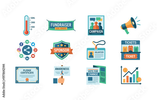 Fundraising and campaign tools with donation thermometer, fundraising banner, campaign poster, megaphone, social media share,