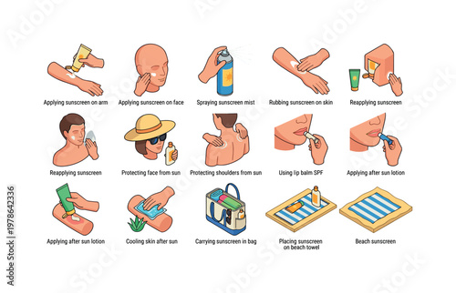 Applying sunscreen on arm, applying sunscreen on face, spraying sunscreen mist, rubbing sunscreen on skin, reapplying sunscreen,