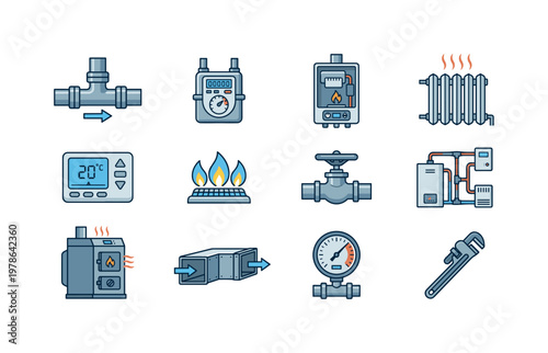 Gas and heating systems with gas pipeline, gas meter, boiler unit, radiator heater, thermostat control, flame burner, gas valve,