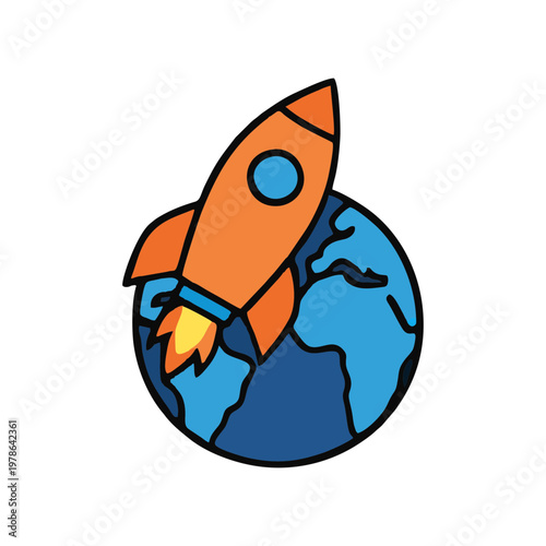 An orange rocket ship blasting off from planet Earth, symbolizing exploration and space travel