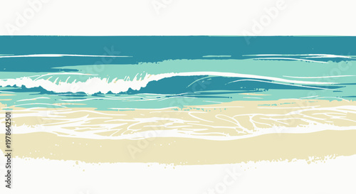 Minimalist beach landscape vector illustration, teal ocean waves and sandy shore in flat design. Coastal seascape background with horizon, serene summer vacation banner