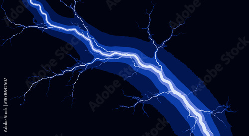 Electric lightning bolt vector, blue neon thunder strike with glowing energy arc and branching sparks on dark background, dramatic storm electricity illustration for posters and banners