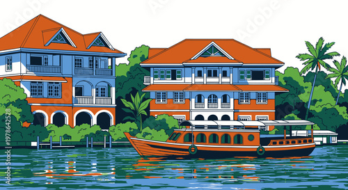 Vintage coastal village vector illustration, colorful seaside houses with red tile roofs and wooden boats on calm water, tropical waterfront travel poster style artwork