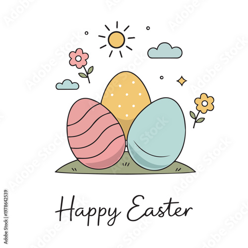 Happy Easter greeting card with colorful eggs and doodle elements