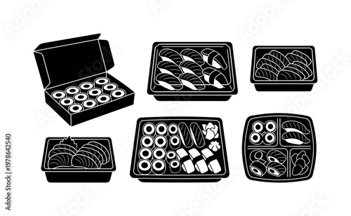 Sushi boxes open with rolls inside, nigiri sushi in takeout box, sashimi slices arranged in box, mixed sushi assortment in tray,
