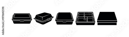Collection of black food takeout containers and bento boxes on white background